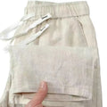 Pure linen Chinese style Li Gao trousers with elastic drawstring waist in a straight leg cut.
