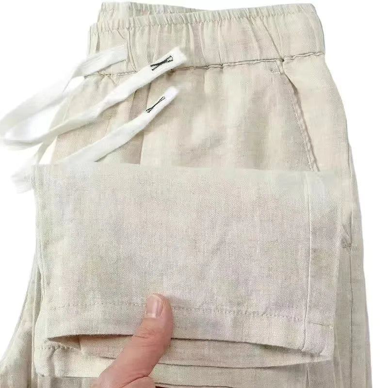Pure linen Chinese style Li Gao trousers with elastic drawstring waist in a straight leg cut.