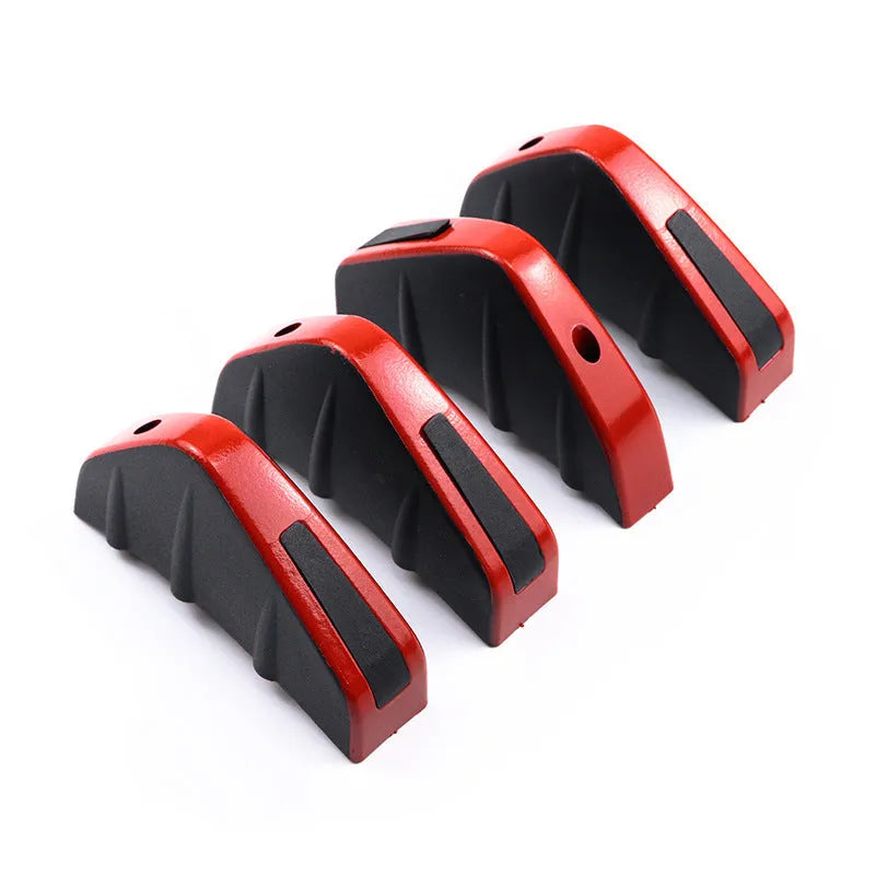 Set of four black ABS plastic triangle rear spoilers for car bumper, measuring 15cm wide, with screws and adhesive tape.