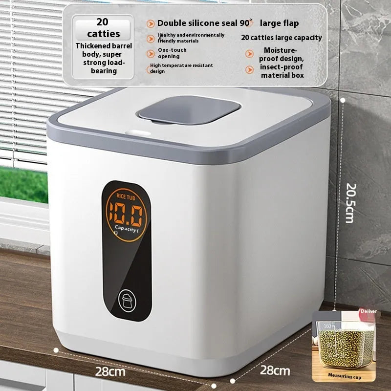 Grey plastic sealed rice storage jar with lid and measuring cup in 10kg 20kg 30kg sizes.