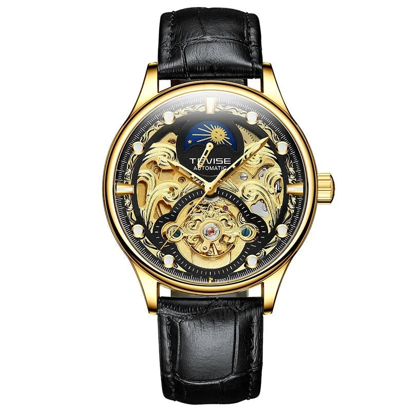 Men's gold leather strap automatic mechanical watch showing 16mm thickness and business design