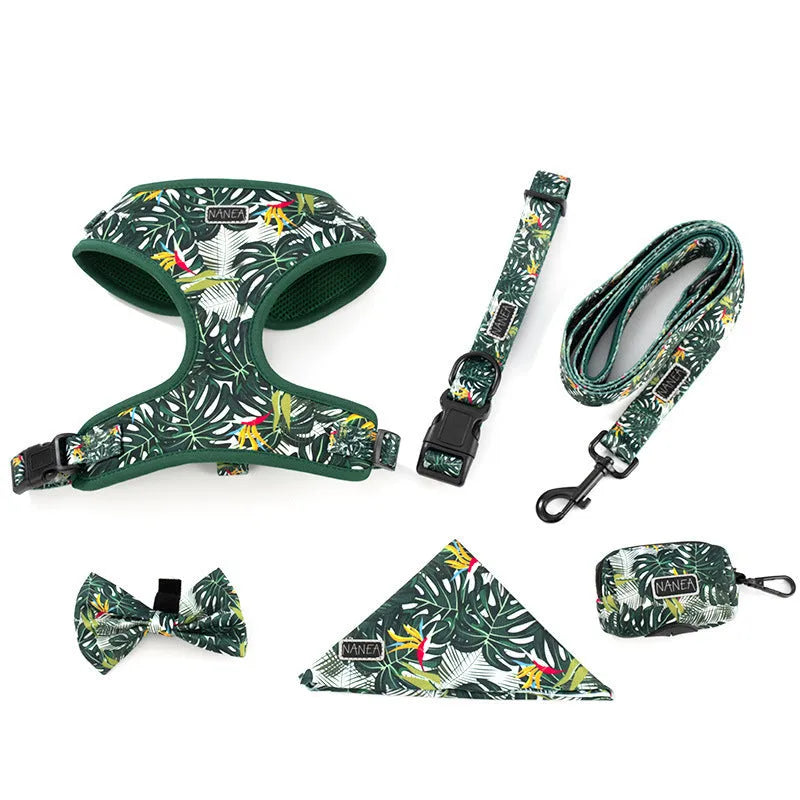 Six-piece adjustable cloth dog harness set with lead, collar, waste bag, bow tie, and scarf.