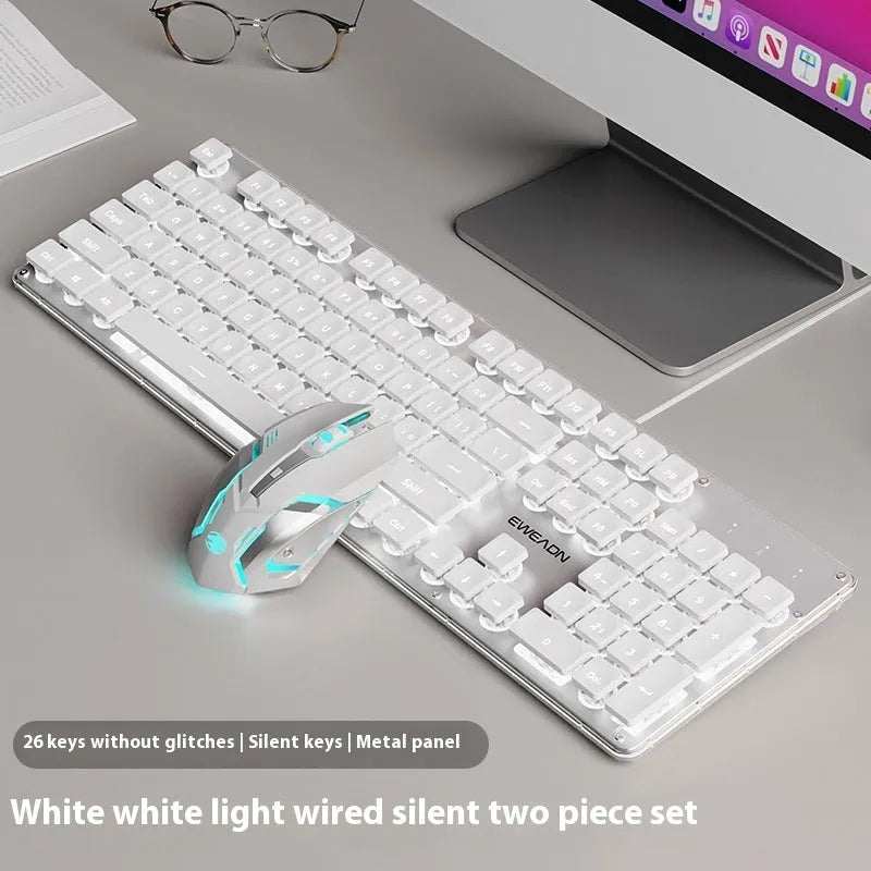 Wired computer keyboard with mute button and blue backlighting on a desk