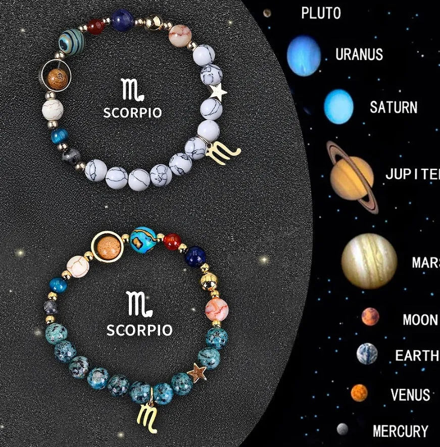 Two handmade natural stone beaded bracelets from a set of twelve zodiac sign designs.