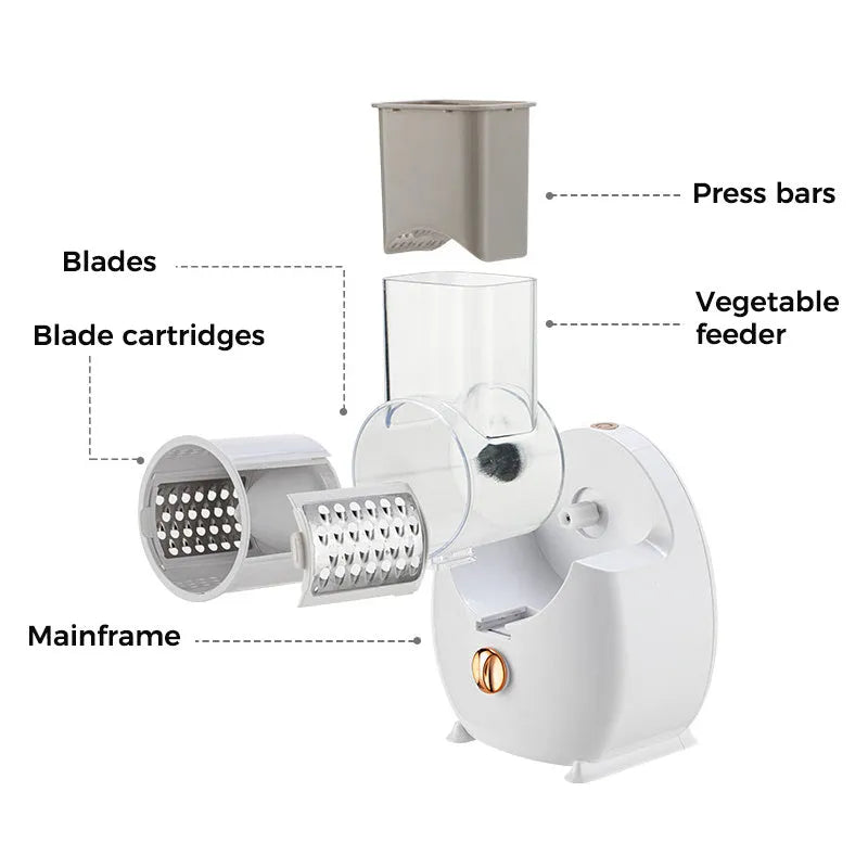 White electric vegetable slicer with rotary grater and multifunctional cutting blades for potatoes and carrots