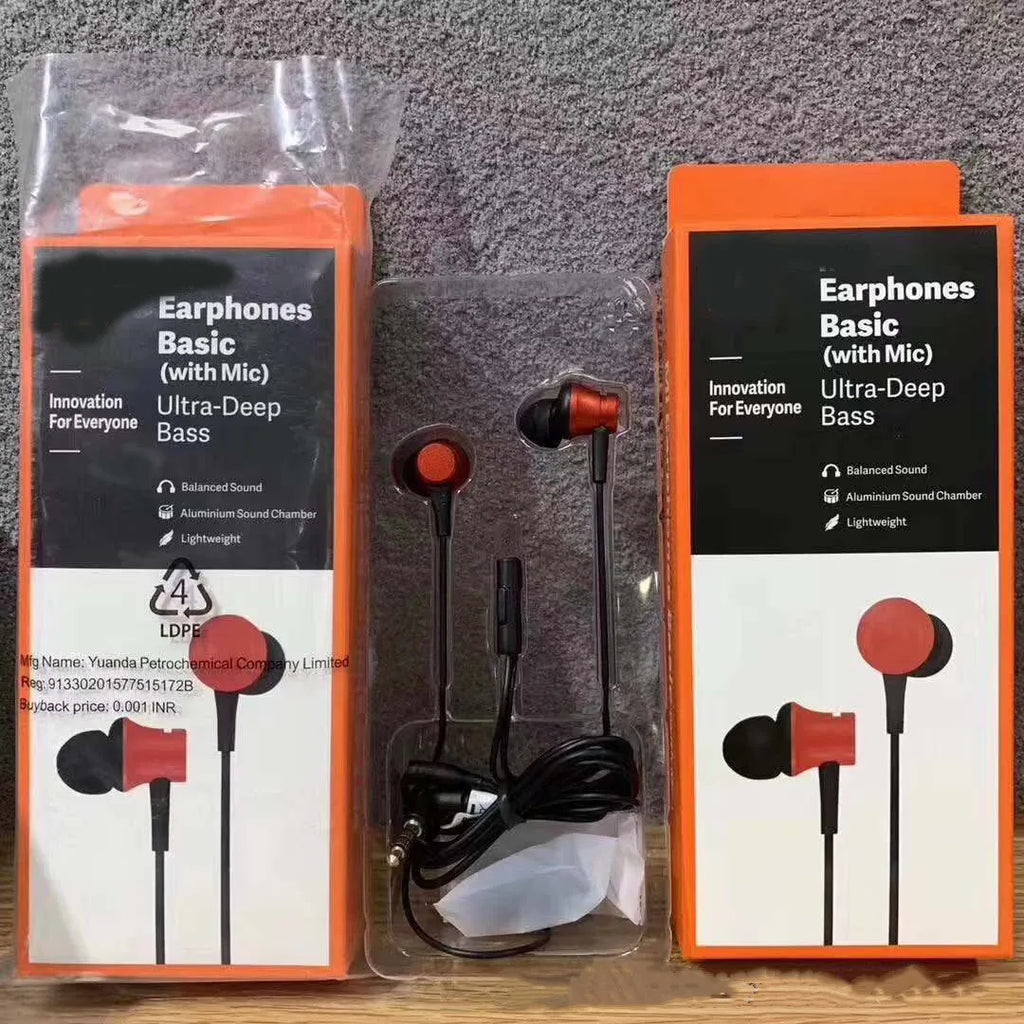 Black, blue and red piston in-ear headphones with 3.5mm wired connection