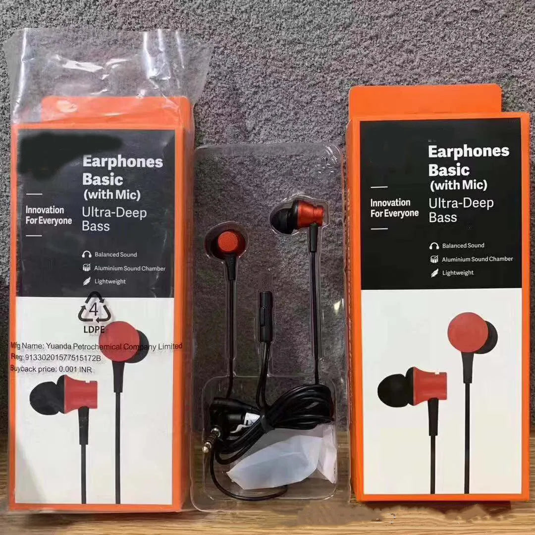 Black, blue and red piston in-ear headphones with 3.5mm wired connection