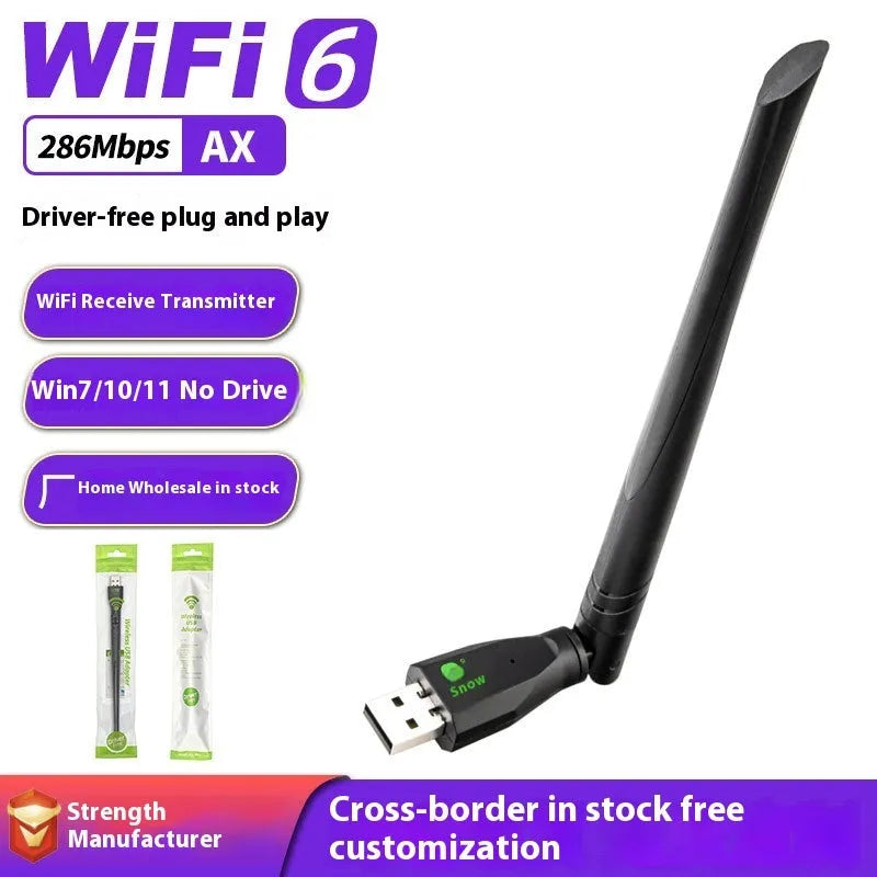Black WiFi 6 wireless network card with USB connector for PC connectivity