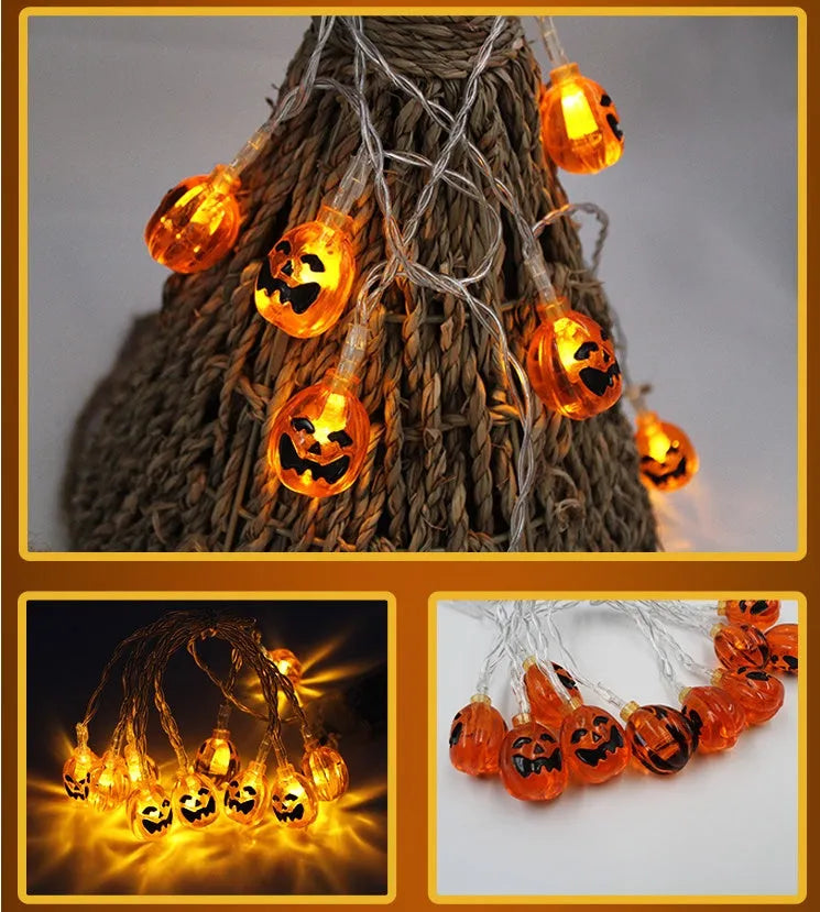 Halloween LED string lights with pumpkin, ghost, and bat pendants in multi-colour light mode
