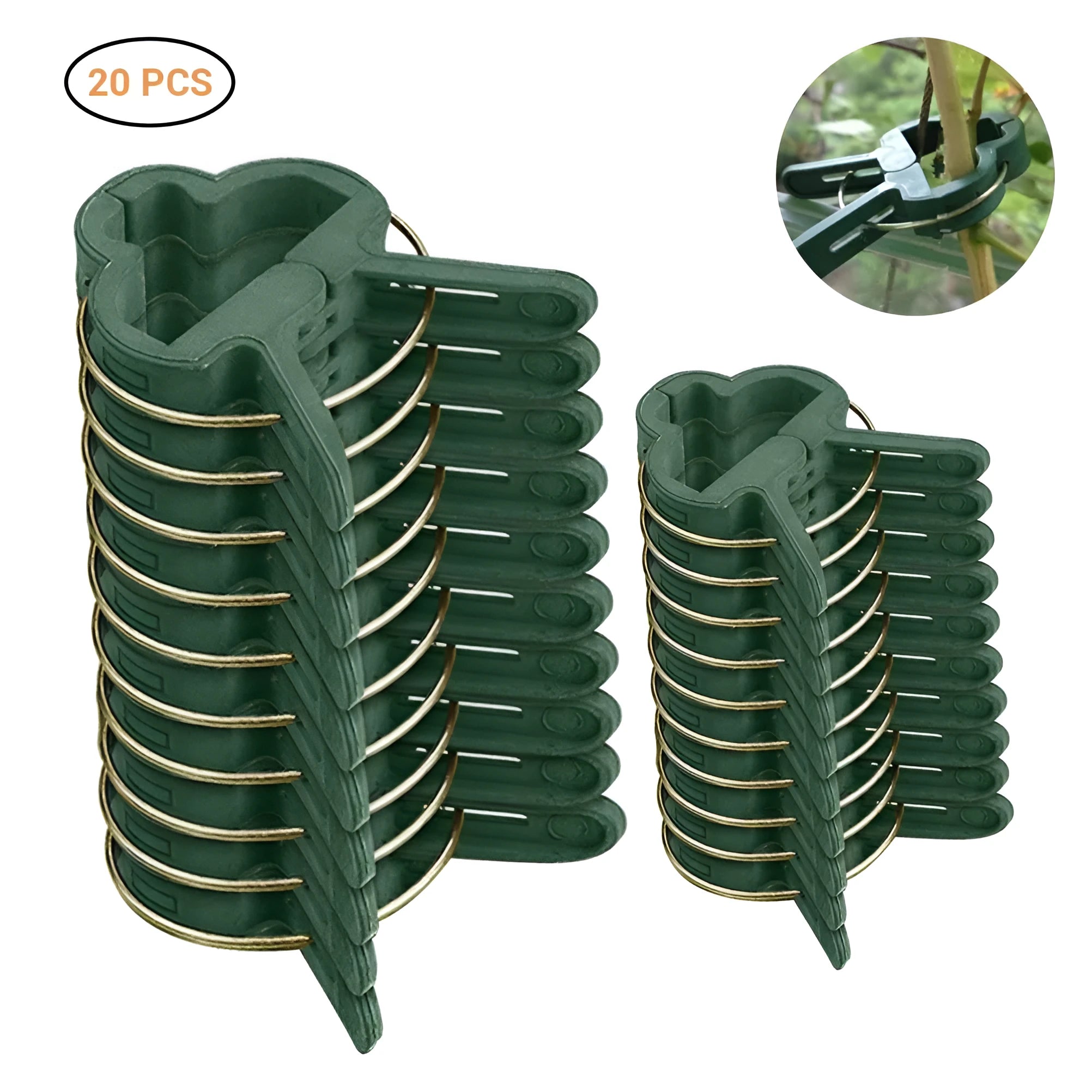 Green plastic and zinc plant fixing clips for large and small climbing plants like tomatoes and beans.