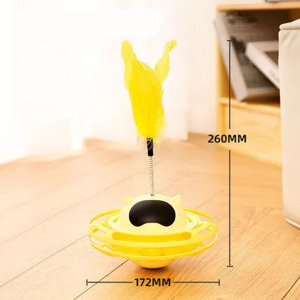 17cm diameter rotating cat toy turntable with ball attachment in pink, blue, yellow, and white colour options