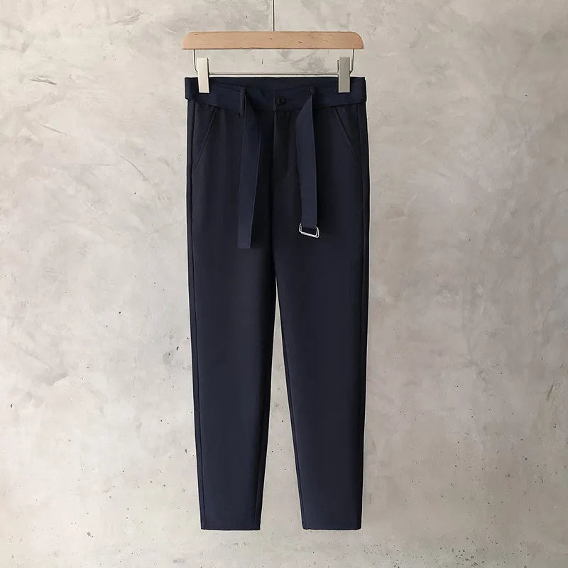Boys slim straight wool trousers in business casual style with tapered fit and matching belt
