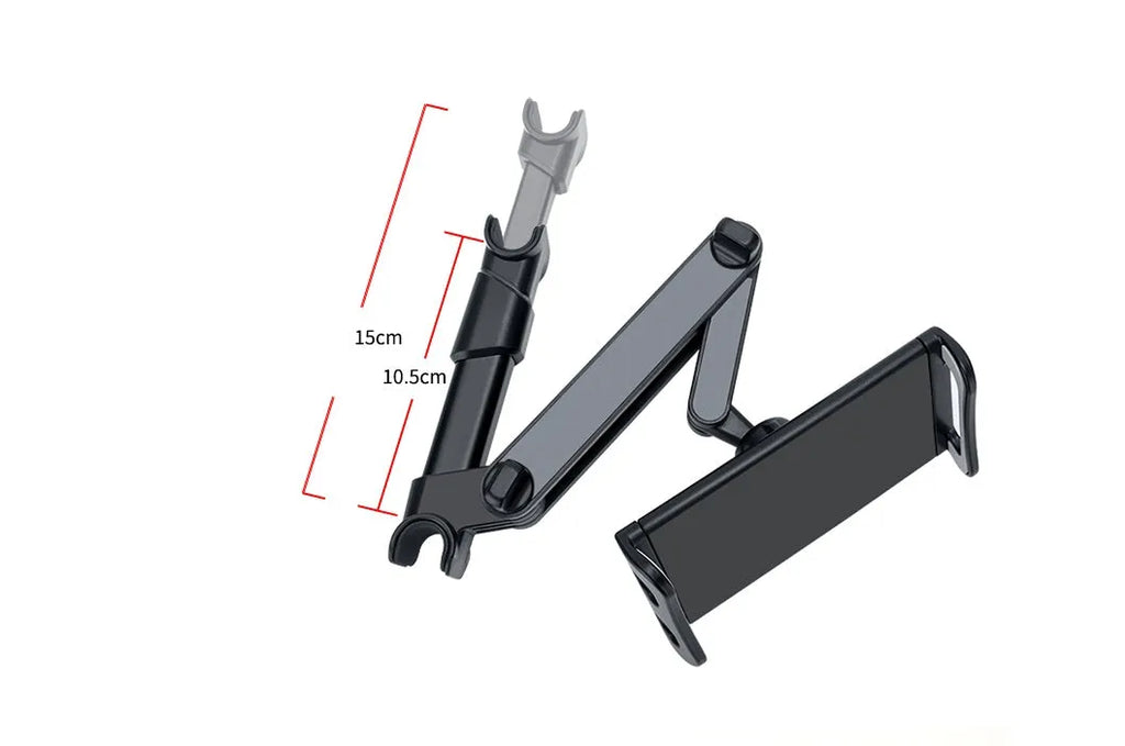 Black car phone holder mounted on vehicle rear seat base with tablet device secured in place