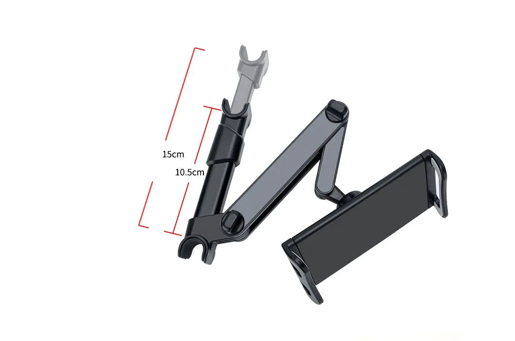 Black car phone holder mounted on vehicle rear seat base with tablet device secured in place