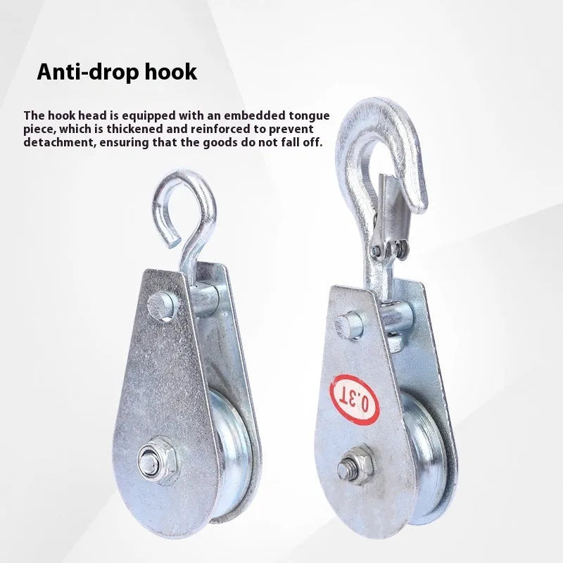 Red forged steel lifting pulley with a safety latch on the hook, for industrial wire rope use.