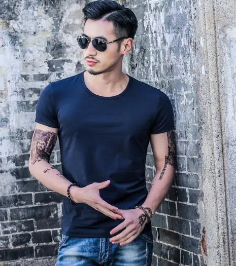Men's lightweight summer T-shirt in blue, made from 100% polyester bamboo fibre fabric.