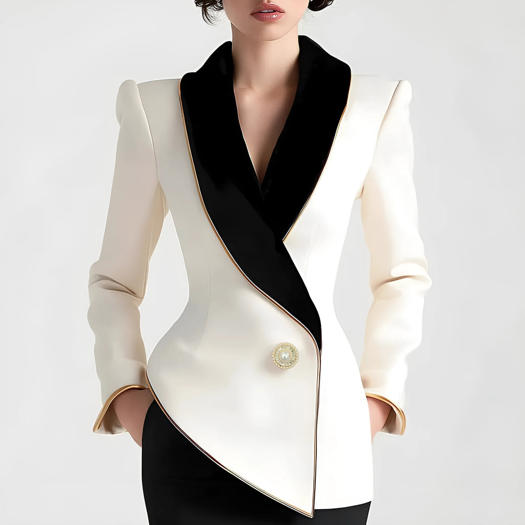 Women's milky white irregular cut coat with gold trim and pearl buttons