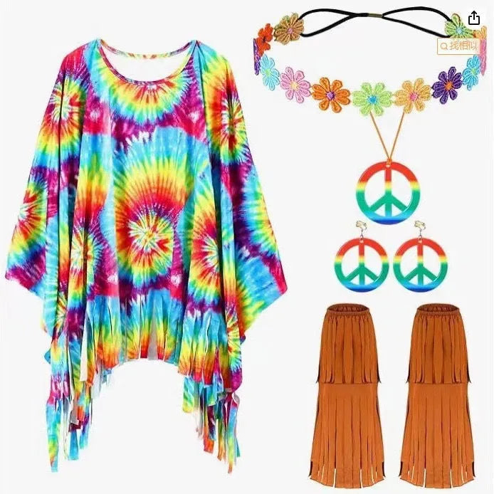 Tie dye cloak costume with bell sleeves in rainbow printed pattern spandex fabric