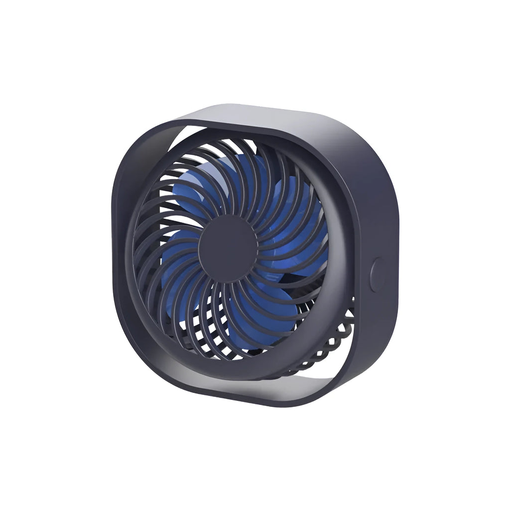 USB desk fan with rotating head in modern alarm clock style on a desk.