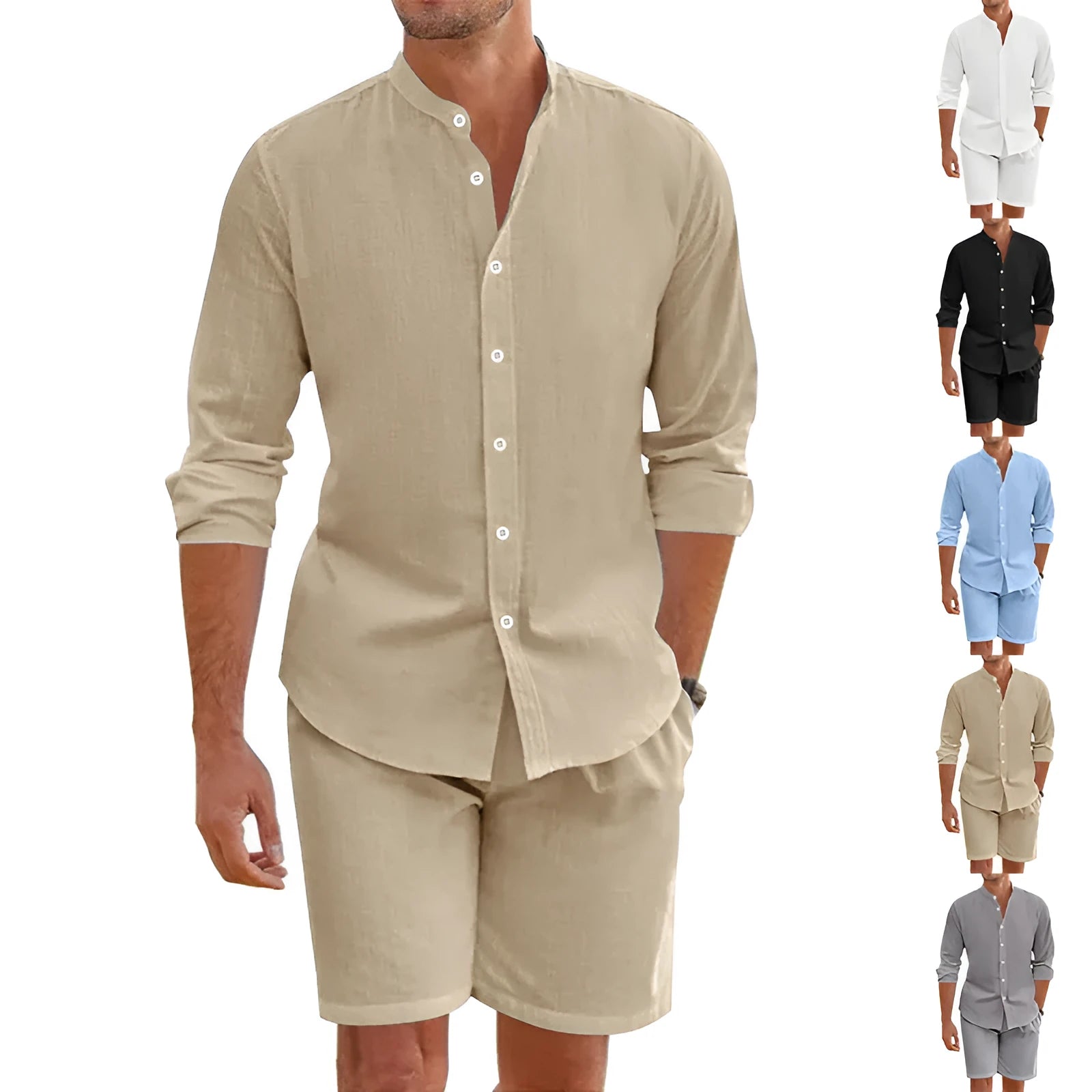 Men's dark grey linen blend short sleeve shirt and drawstring shorts casual summer suit set