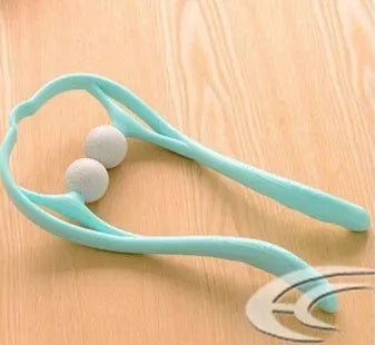 Plastic handheld neck and shoulder massager with adjustable width and roller head in pink, blue, and green colours.