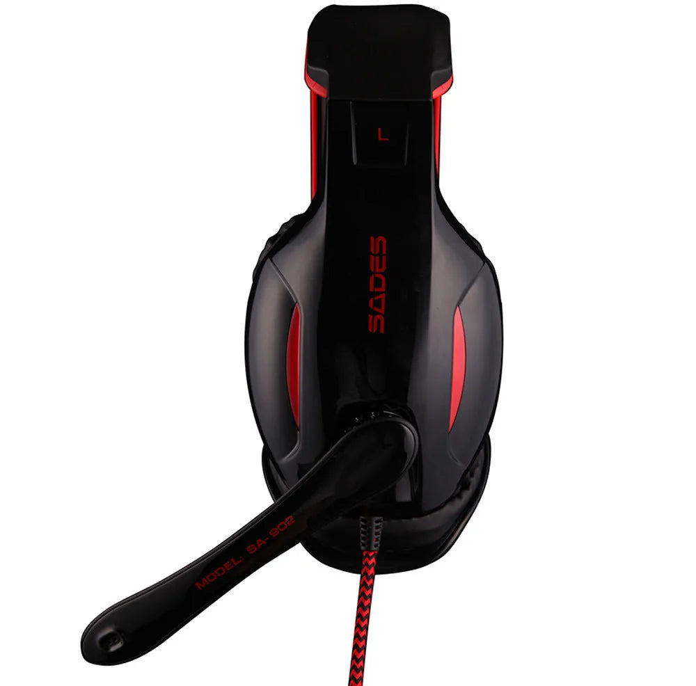 Black SADES SA902 wired USB gaming headset with over-ear cups and LED lighting on headband
