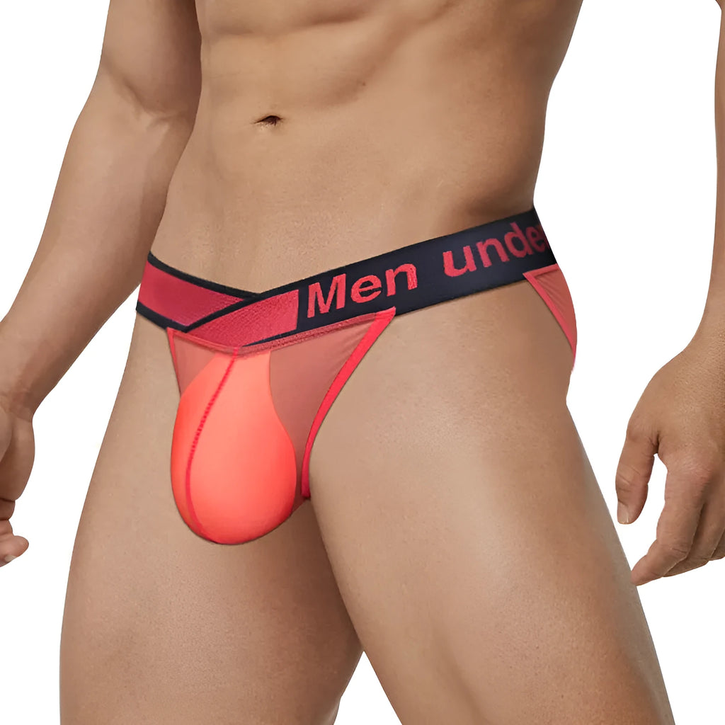 Men's transparent ice silk breathable briefs in red, black, or white with a large V gradient high fork design.