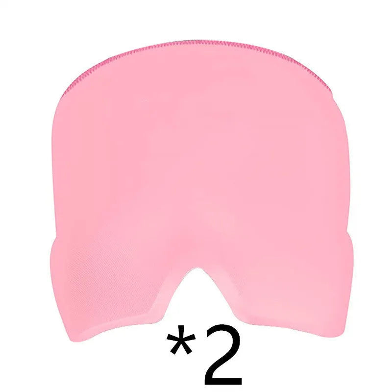 Black elastic cloth gel cold therapy eye mask for headache relief on grey background.