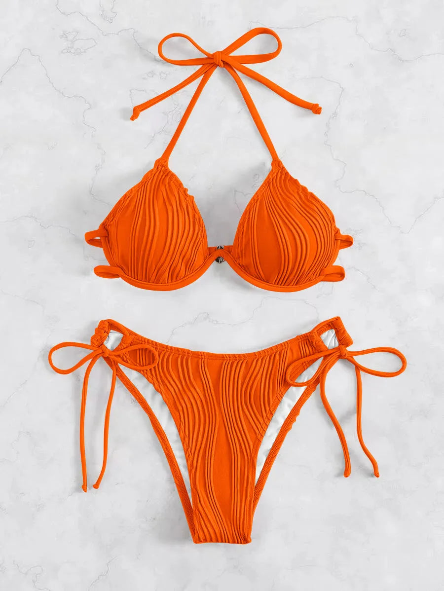 Women's steel bracket underwire split bikini swimsuit in various colours.