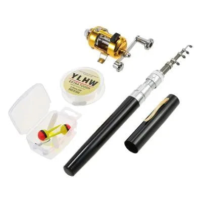Portable telescopic fishing rod and reel kit collapsed in aluminium pen case with colour options displayed