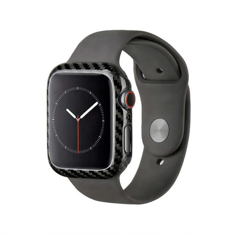 Ultra-thin black carbon fibre half-wrap case for a 44mm Apple Watch Series 4 on a leather band.