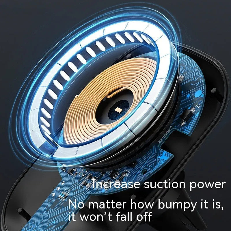 Black magnetic car wireless charging stand mounted on car dashboard with smartphone attached