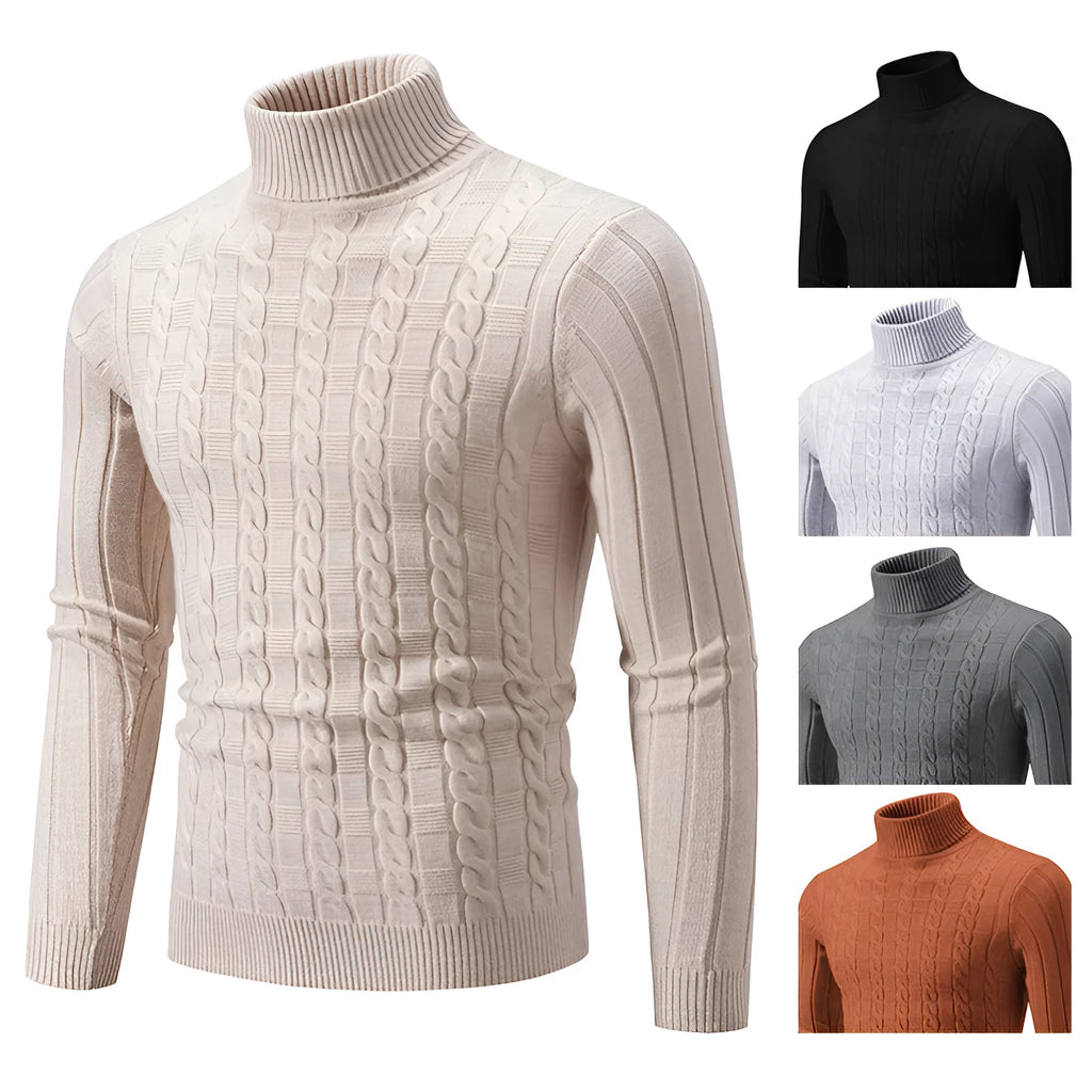 Man wearing a slim fit beige chenille turtleneck pullover sweater