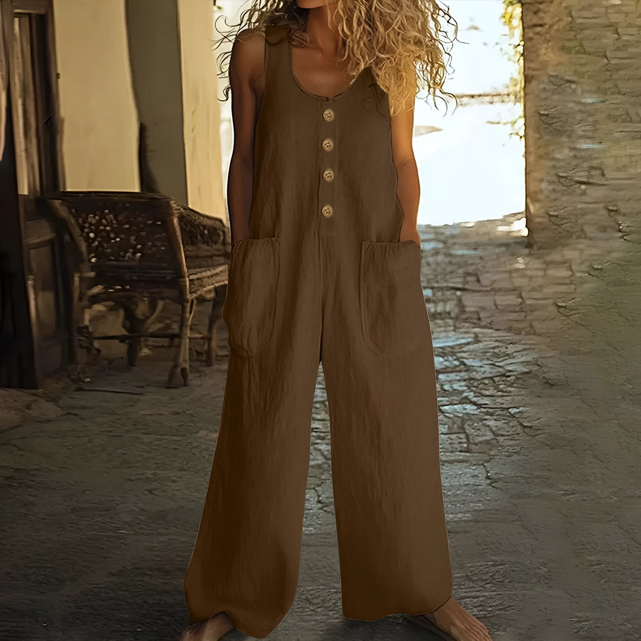 Sleeveless cotton jumpsuit with wide leg trousers in art retro styling with pocket details