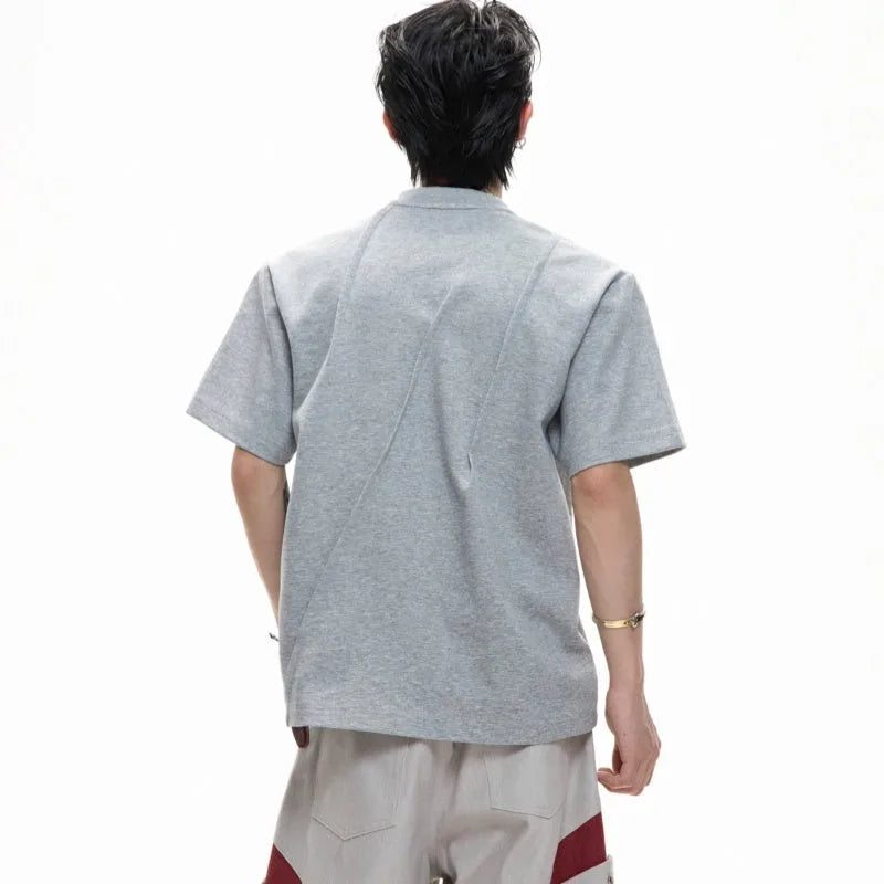 Men's cotton T-shirt with three-dimensional pleats and asymmetric stitching in black colour