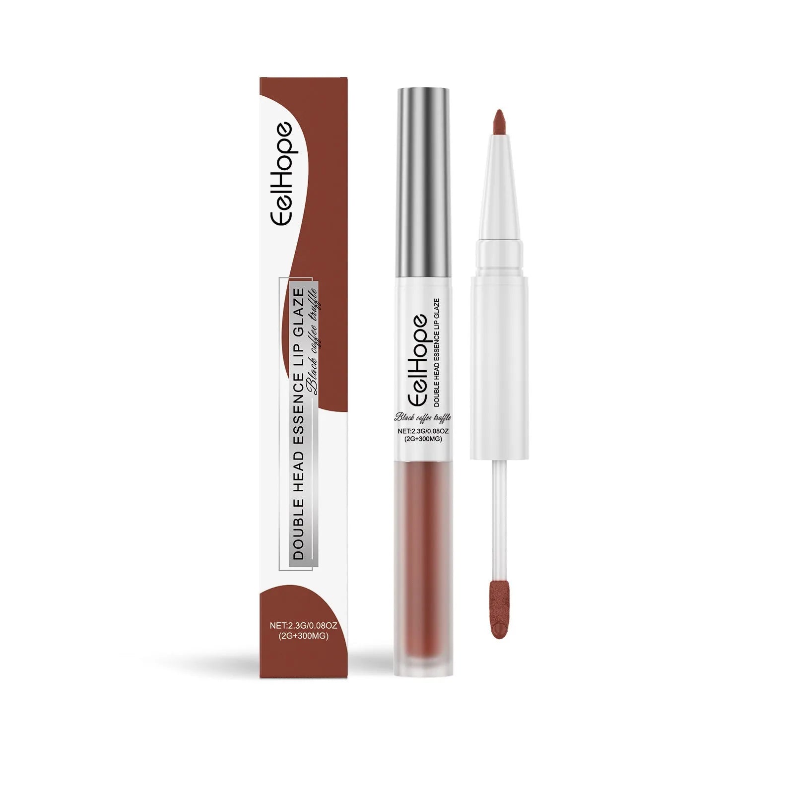 Double-headed lip liner and lacquer pen in Black Coffee Truffle shade showing both applicator ends