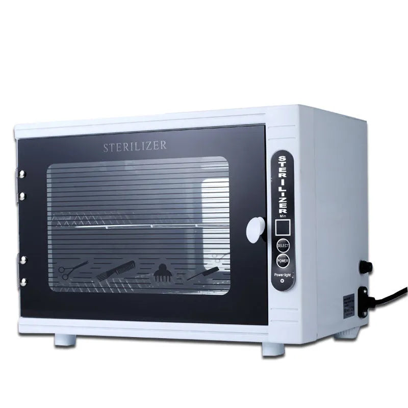 Small silver ultraviolet sterilizer with stainless steel interior for salon tool disinfection