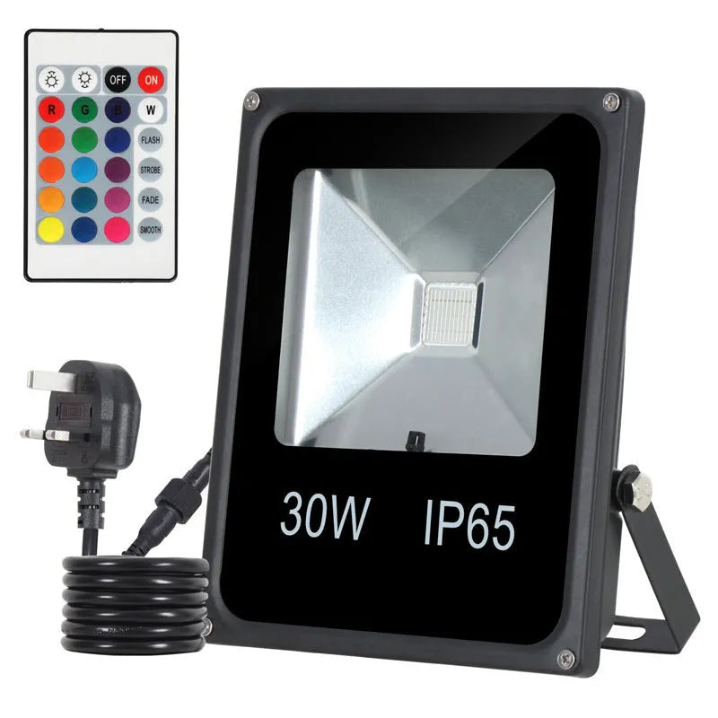 Black aluminum RGB LED flood light with IP65 rating for outdoor advertising and building lighting.