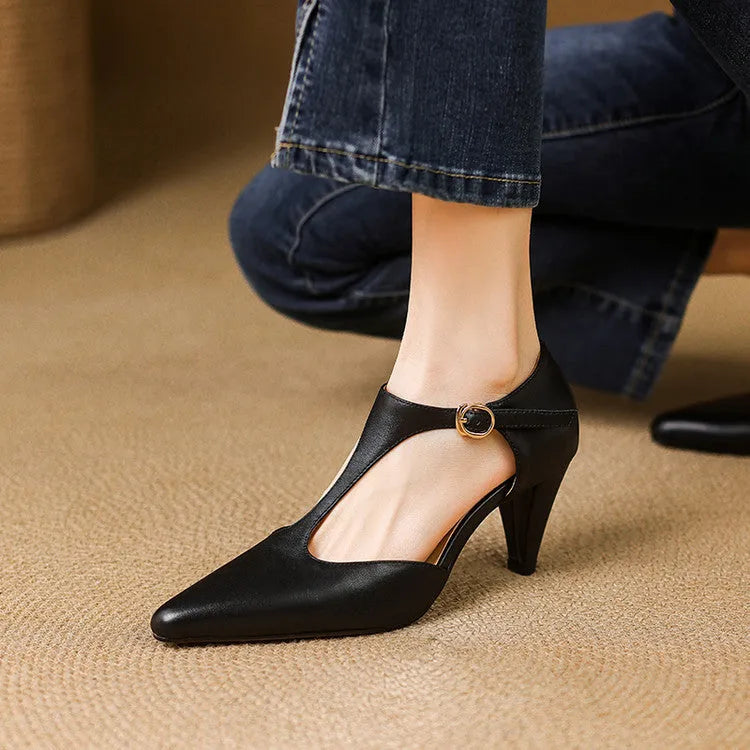 Brown retro women's sandals with a T-strap buckle, closed round toe, and a stout high heel.