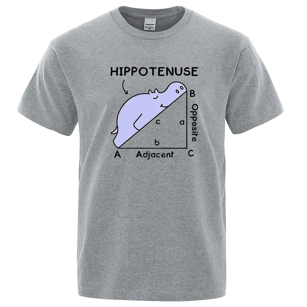 Front view of white cotton t-shirt with black 'Hippotenuse Opposite Adjacent' maths humour print in loose fit style