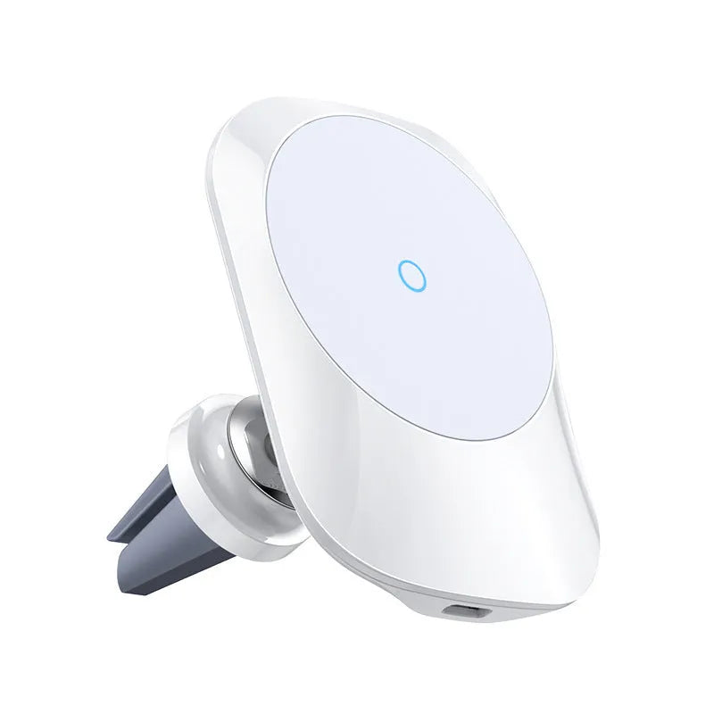 Black magnetic car wireless charging stand mounted on car dashboard with smartphone attached