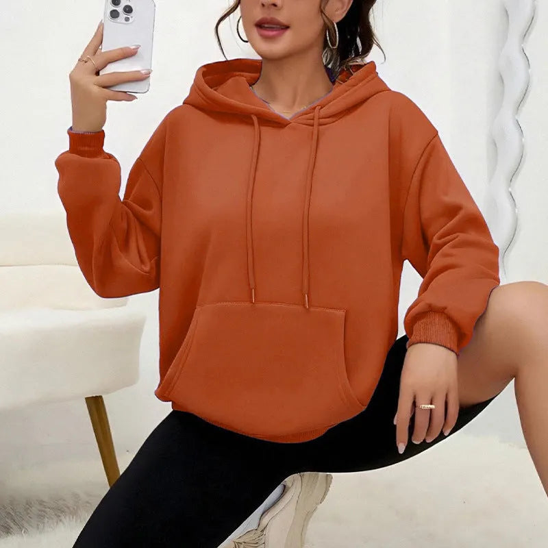 Women's loose fit gray sweatshirt with drawstring waist and front pockets, long sleeve casual top