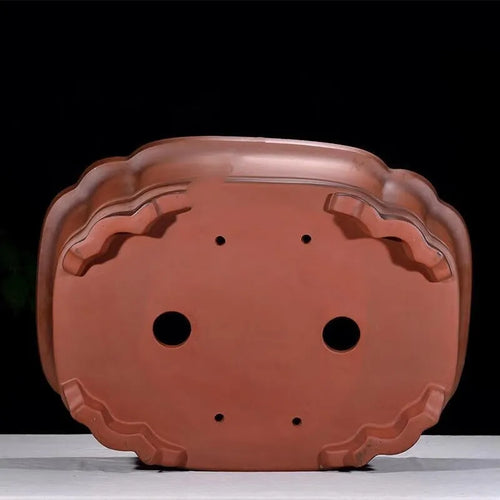 Large antique-coloured Chinese style purple clay flower pot showing dimensions.