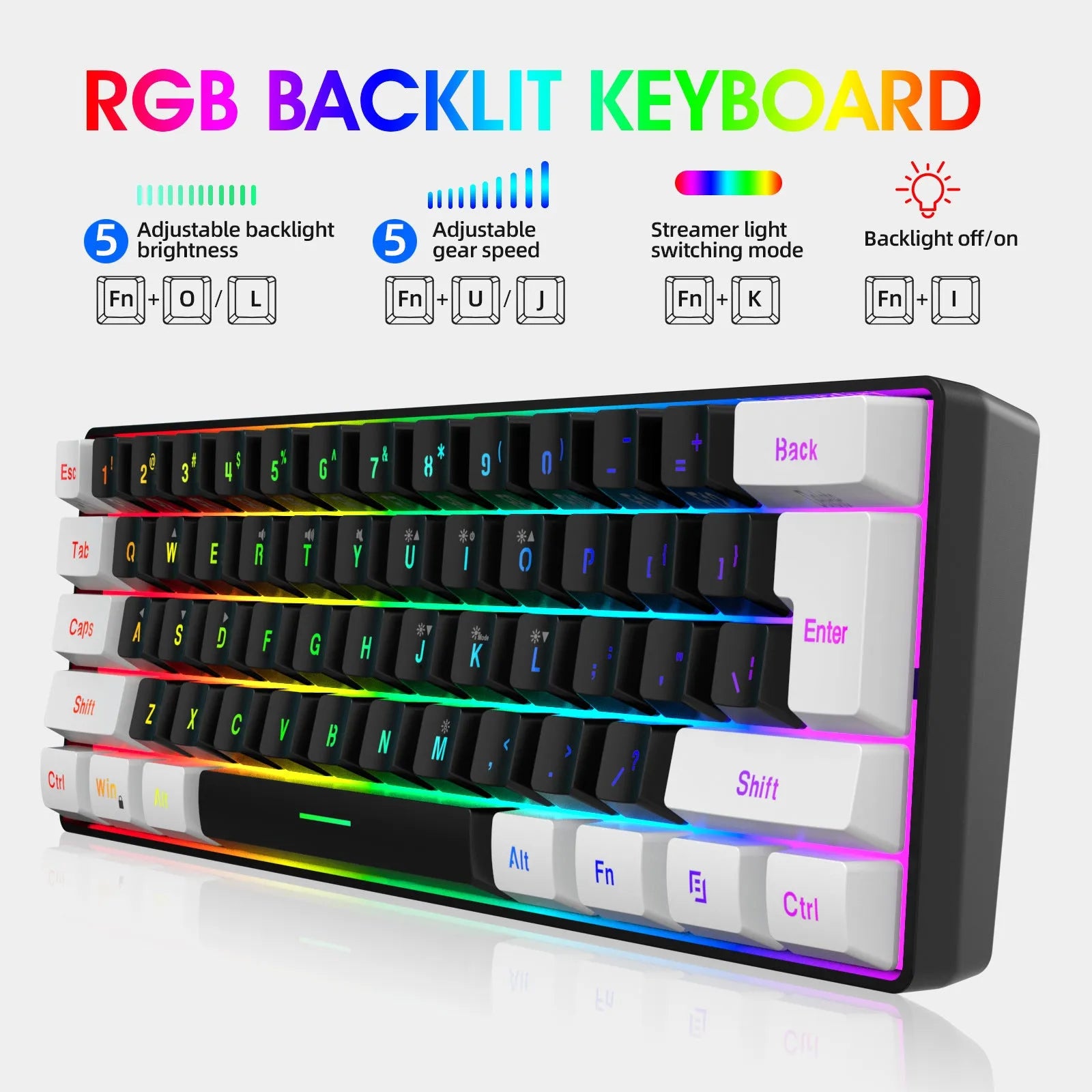 V700WB white and black keyboard and mouse suit with colour backlighting on a desk.