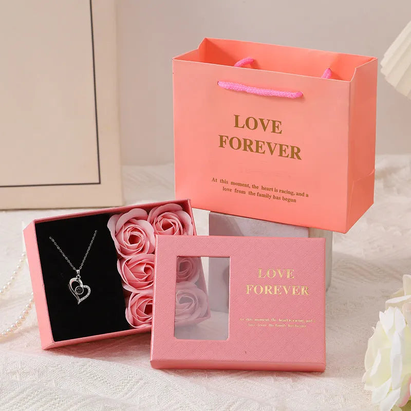 Korean style red soap rose flower gift set with box and handbag.
