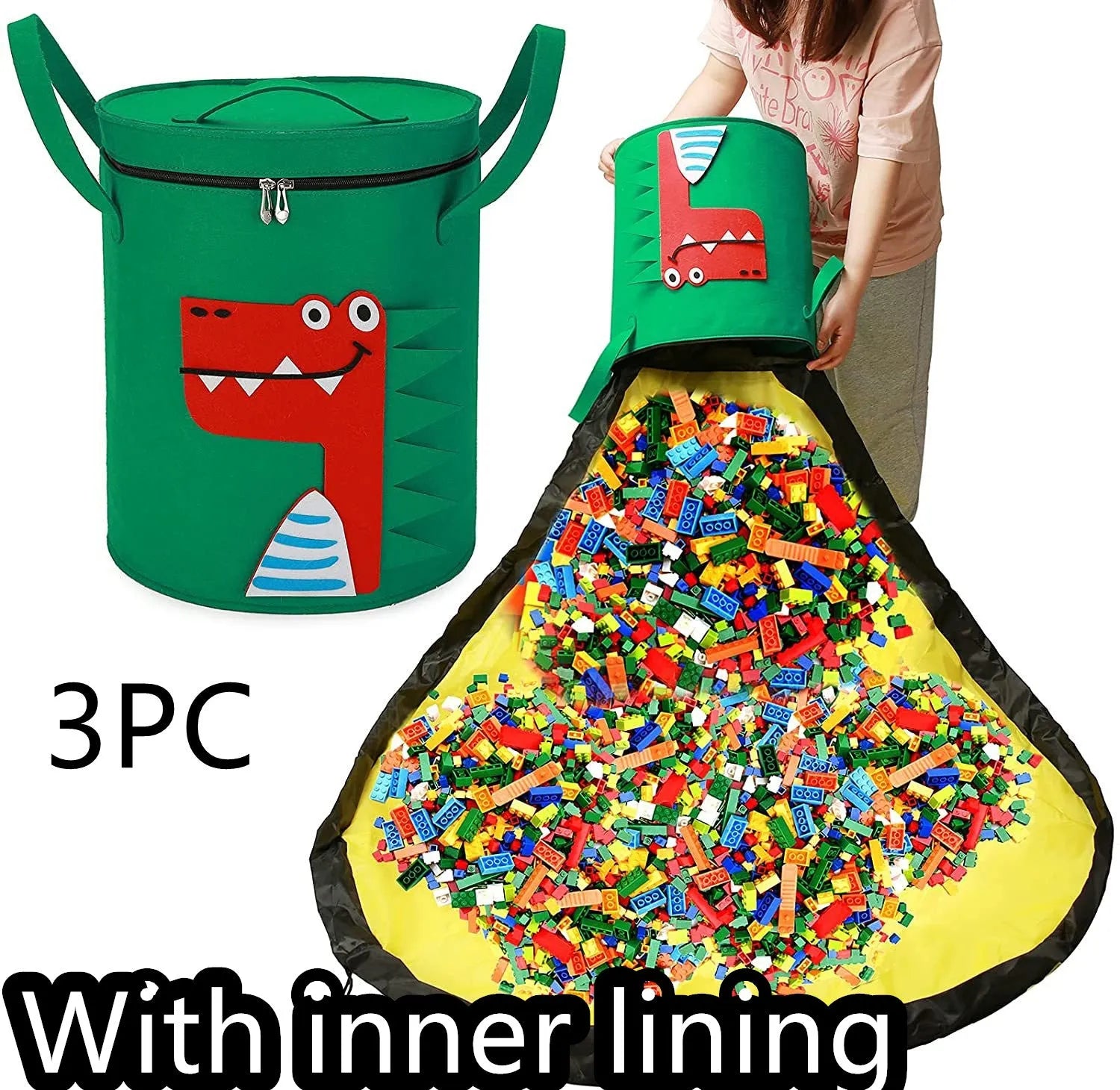 Green felt cube storage bag with pull rope shown as both toy container and play mat