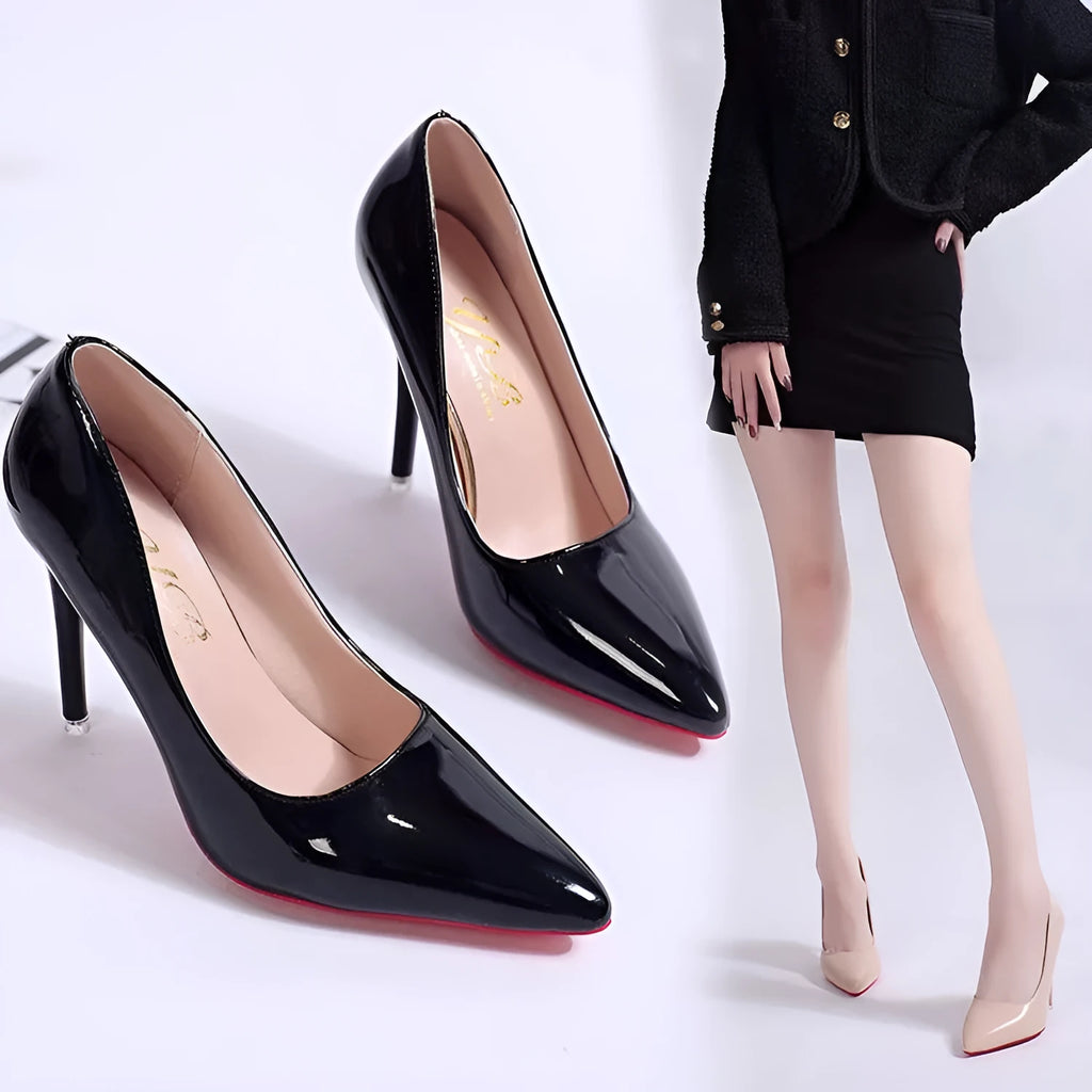Women's solid colour stiletto heel pumps with pointed toe and shallow mouth opening