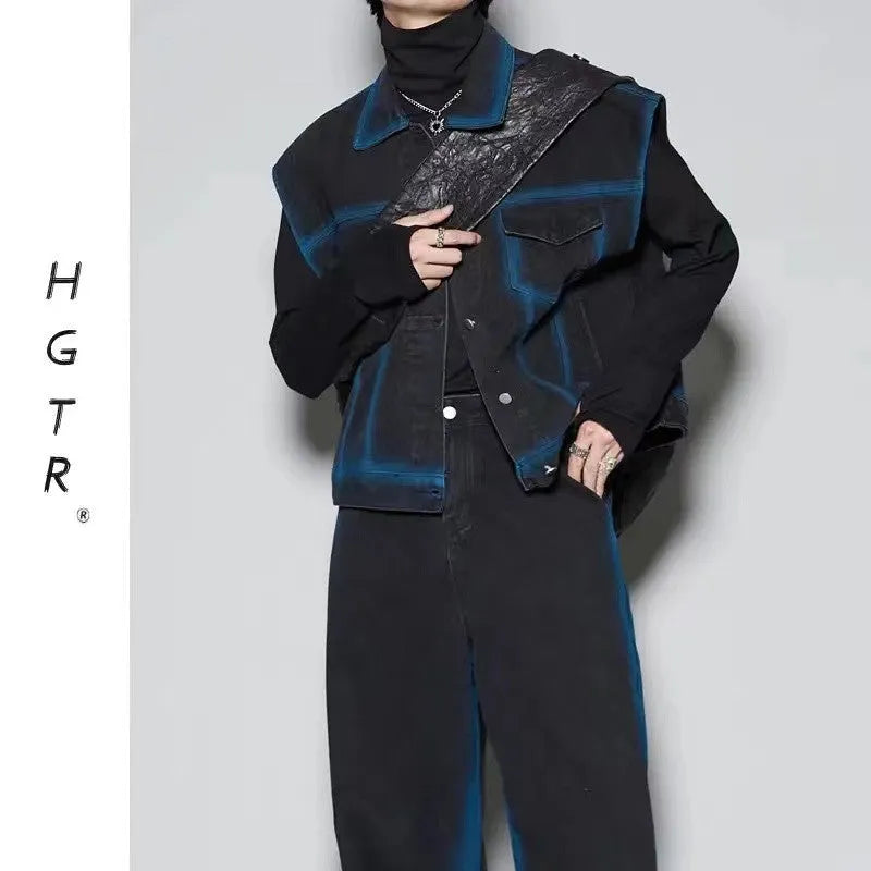 Blue distressed fleece-lined vest and jeans suit set on a hanger