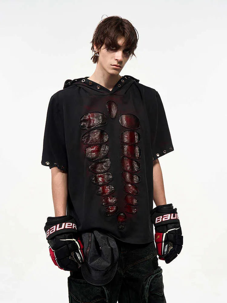 Black men's loose-fit hooded T-shirt with short sleeves and sequin decoration