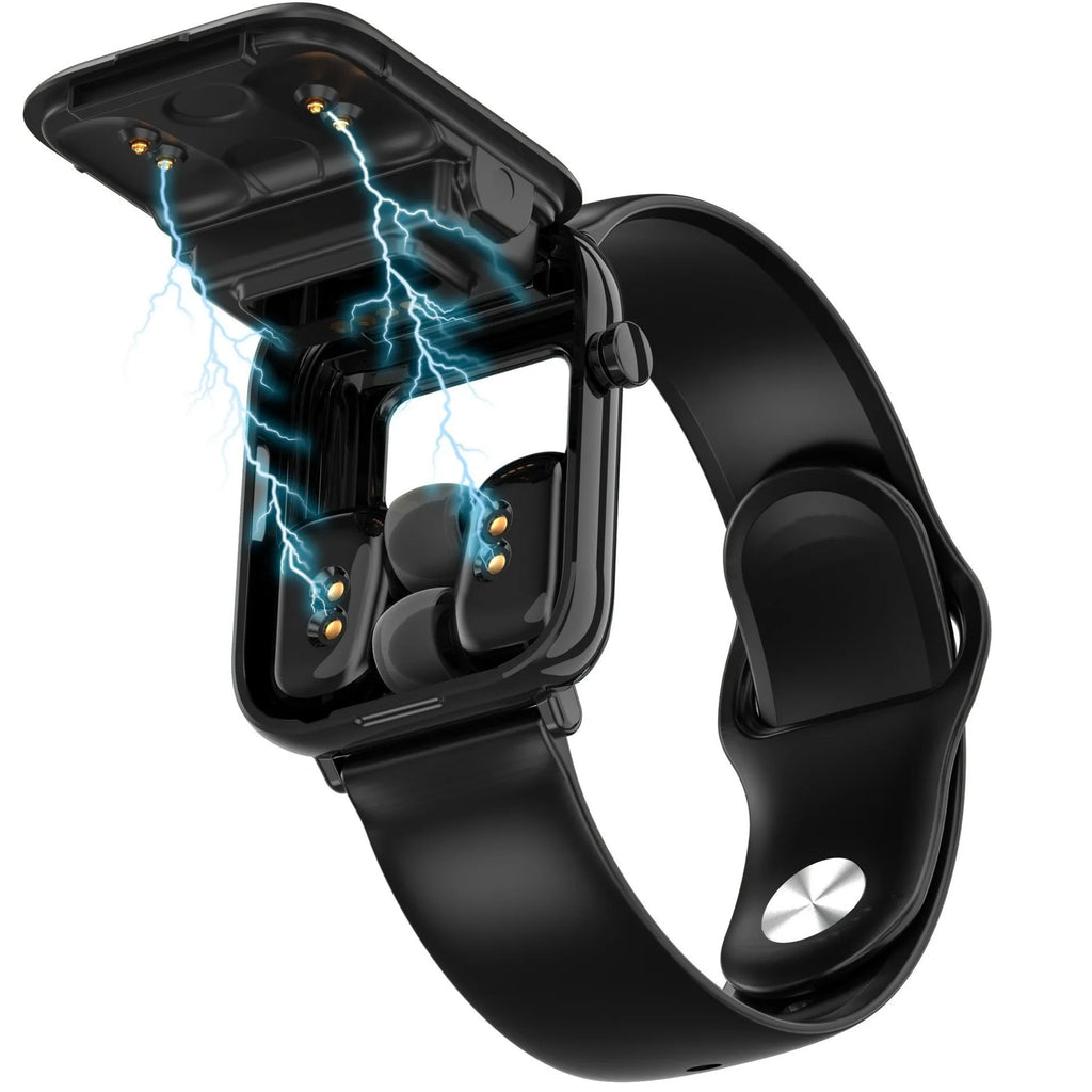 Black smartwatch with touch display and separate Bluetooth earpieces showing heart rate monitoring and call functions